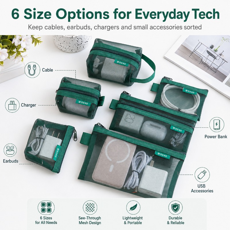 6PCS Mesh Tech Organizer Pouch - Tech Woven Accessories บทวิจารณ์และราคา